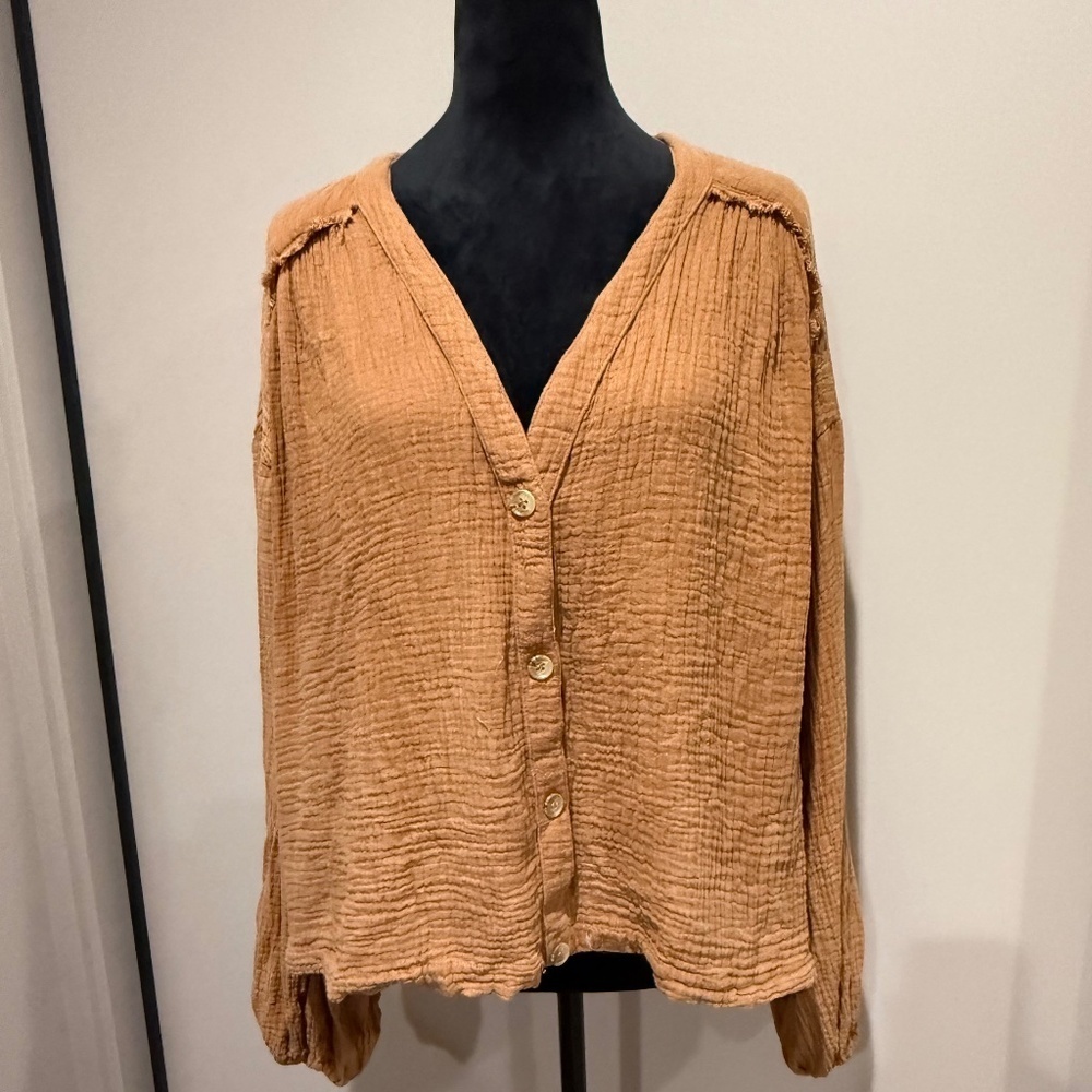 Free People Tan Long Sleeve Relaxed Top